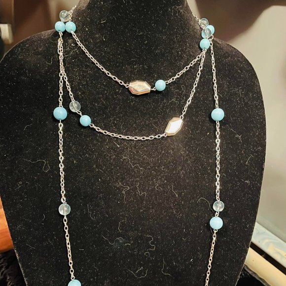 Lightweight and Fun Long Stranded Necklace with Blue and White Beads - Picture 1 of 2